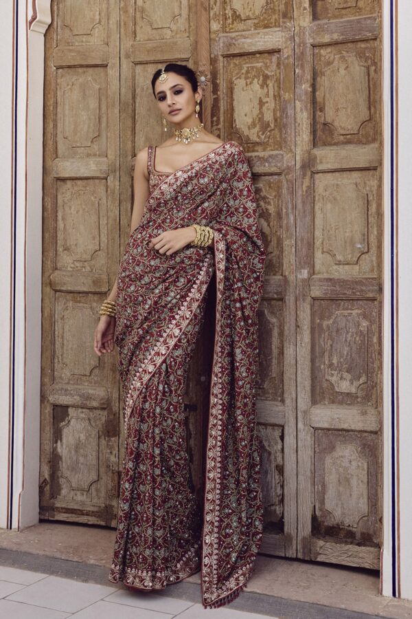 Azmah Embroidered Georgette Saree - Red - Image 4