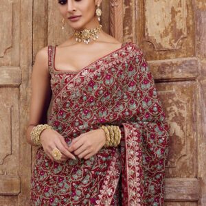Azmah Embroidered Georgette Saree - Red