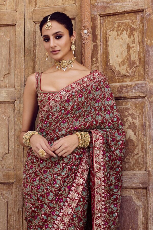 Azmah Embroidered Georgette Saree - Red